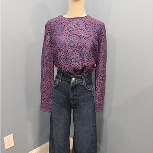 Banana Republic Blue Lace Long Sleeve Blouse Red Embroidered Overlay Size S